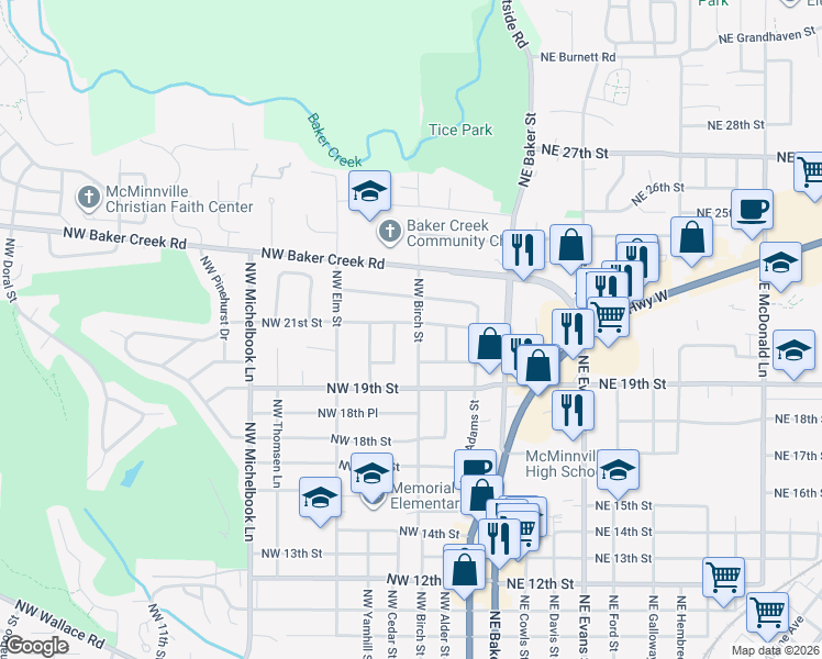 map of restaurants, bars, coffee shops, grocery stores, and more near 2063 NW Birch St in McMinnville