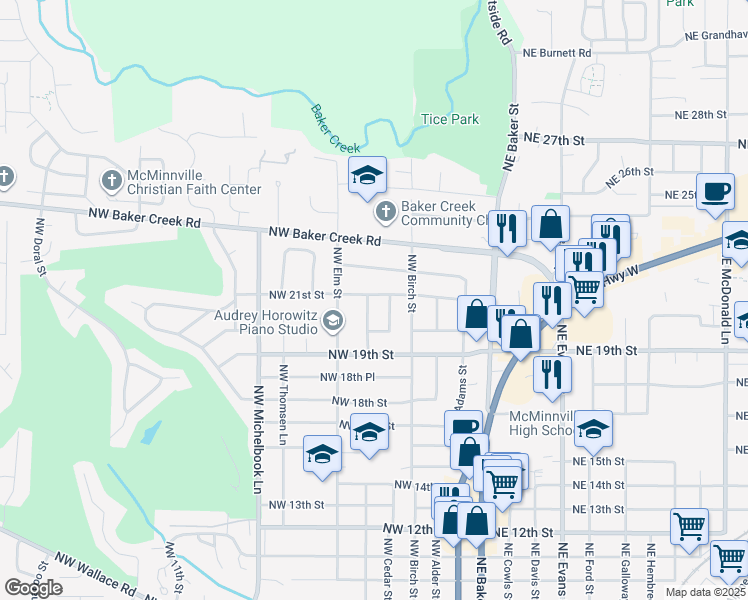 map of restaurants, bars, coffee shops, grocery stores, and more near 430 Northwest 21st Street in McMinnville