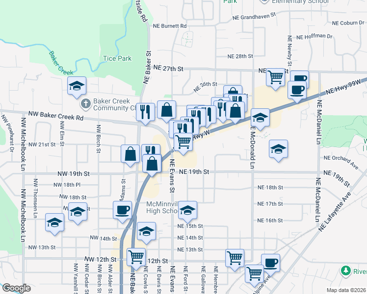 map of restaurants, bars, coffee shops, grocery stores, and more near 540 Oregon 99W in McMinnville