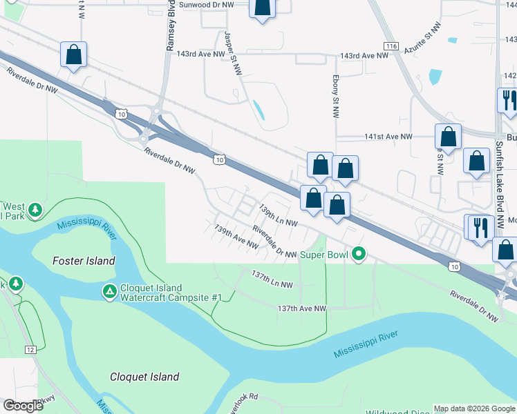 map of restaurants, bars, coffee shops, grocery stores, and more near 13911 Ironstone Terrace Northwest in Ramsey