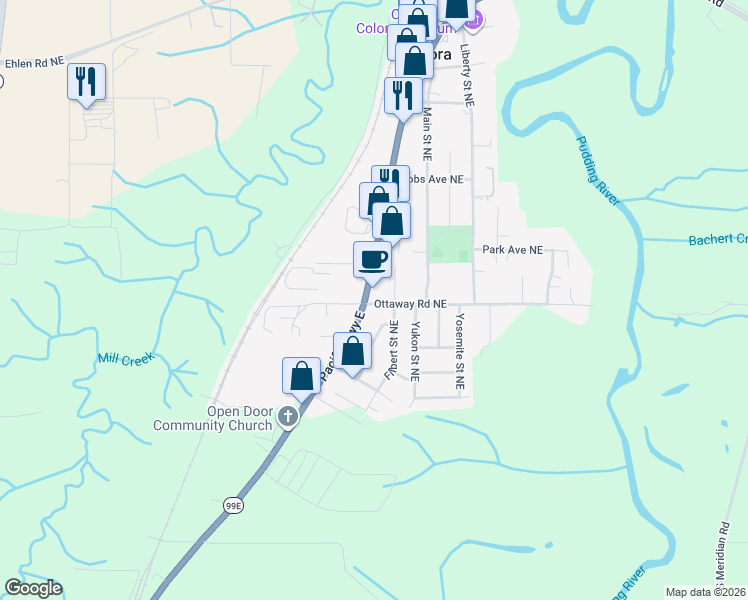 map of restaurants, bars, coffee shops, grocery stores, and more near 21018 Oregon 99E in Aurora