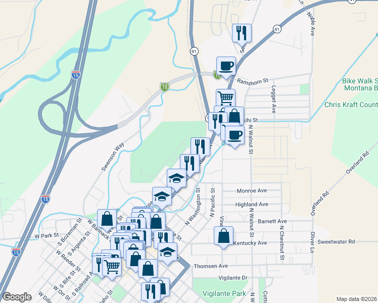 map of restaurants, bars, coffee shops, grocery stores, and more near West Kent Street in Dillon