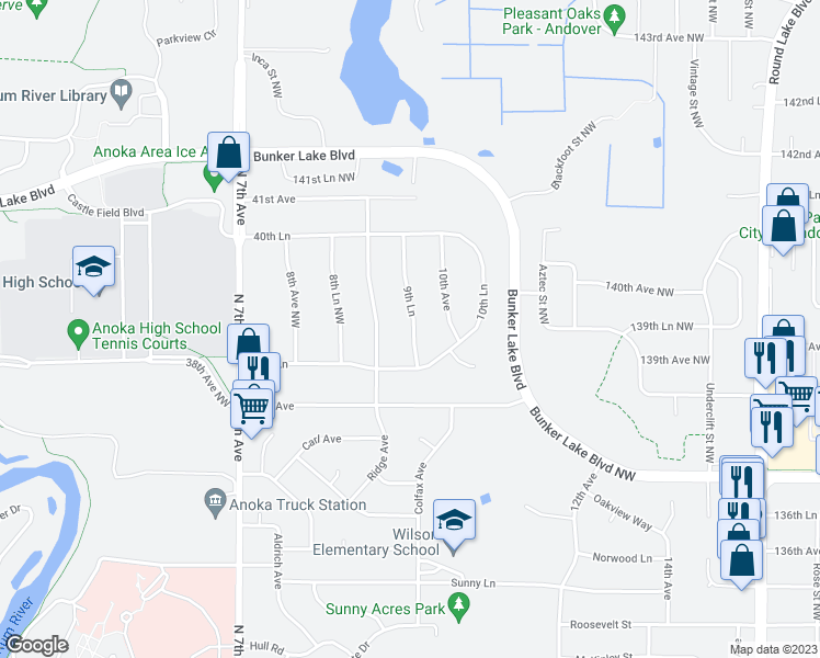 map of restaurants, bars, coffee shops, grocery stores, and more near 3905 9th Lane in Anoka