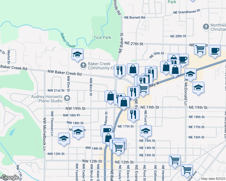 map of restaurants, bars, coffee shops, grocery stores, and more near 2105 Northeast Baker Street in McMinnville