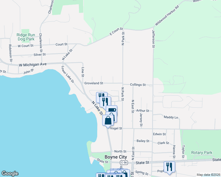 map of restaurants, bars, coffee shops, grocery stores, and more near 100-156 Terrace Drive in Boyne City
