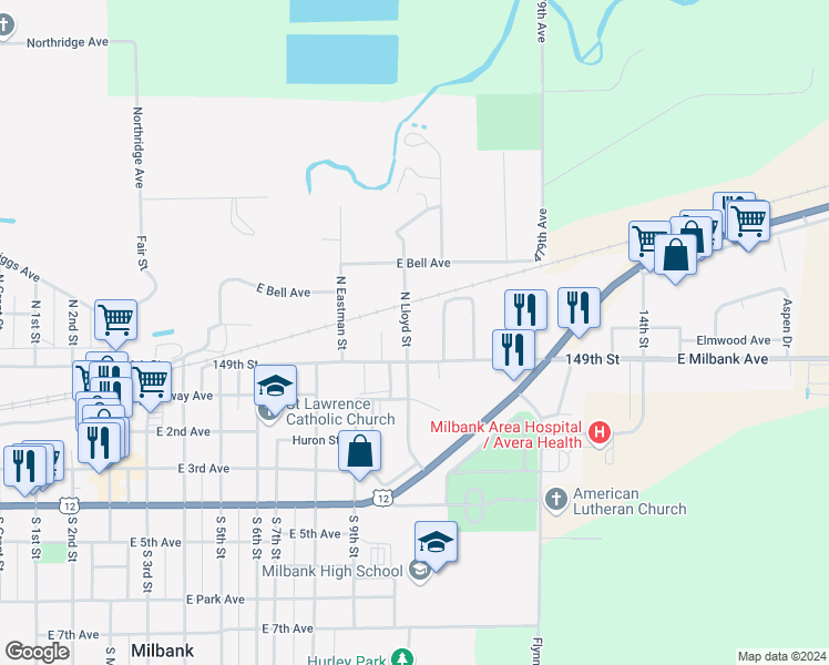 map of restaurants, bars, coffee shops, grocery stores, and more near 207 North Lloyd Street in Milbank