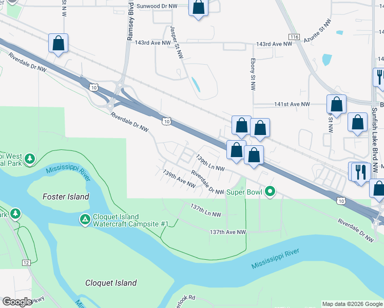 map of restaurants, bars, coffee shops, grocery stores, and more near 13911 Ironstone Terrace Northwest in Ramsey