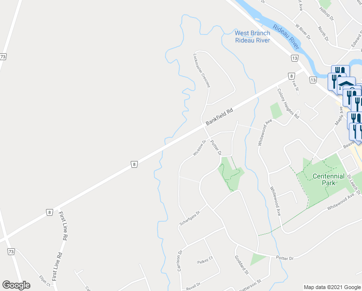 map of restaurants, bars, coffee shops, grocery stores, and more near 1302 Bankfield Road in Ottawa