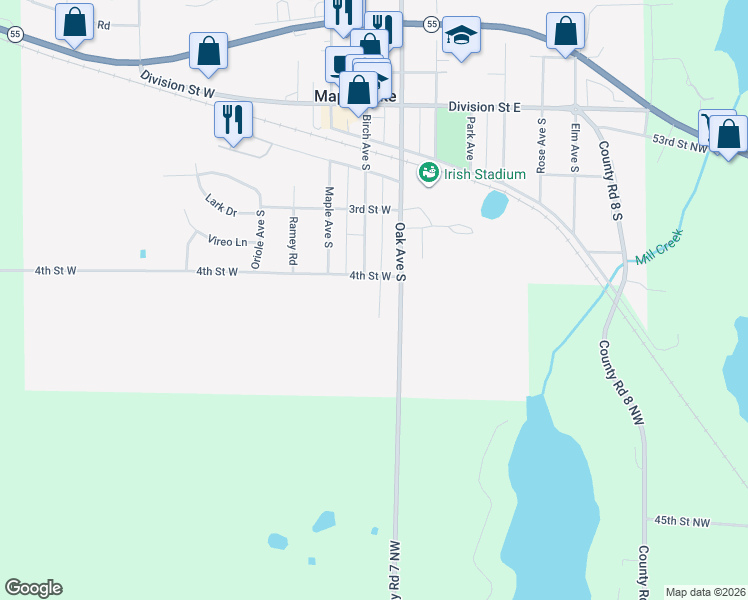 map of restaurants, bars, coffee shops, grocery stores, and more near 113 4th Street West in Maple Lake