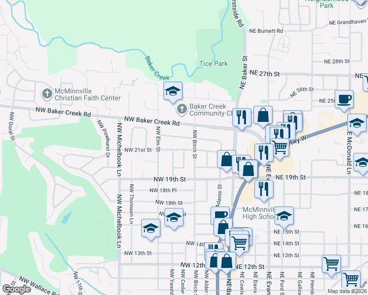 map of restaurants, bars, coffee shops, grocery stores, and more near 430 Northwest 21st Street in McMinnville