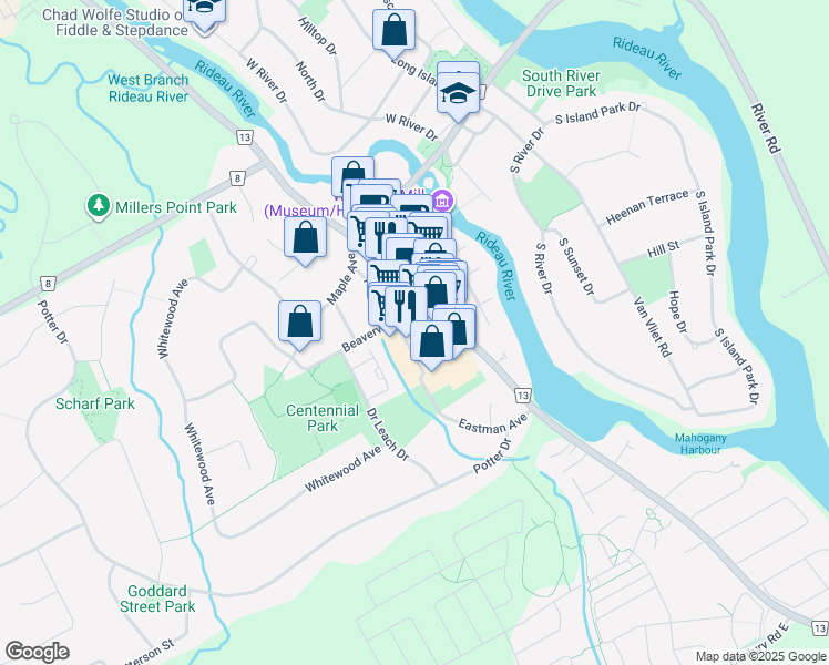 map of restaurants, bars, coffee shops, grocery stores, and more near Eastman Avenue in Ottawa