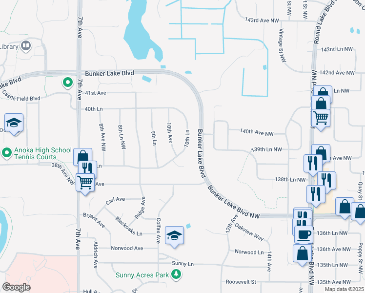 map of restaurants, bars, coffee shops, grocery stores, and more near 3911 10th Lane in Anoka