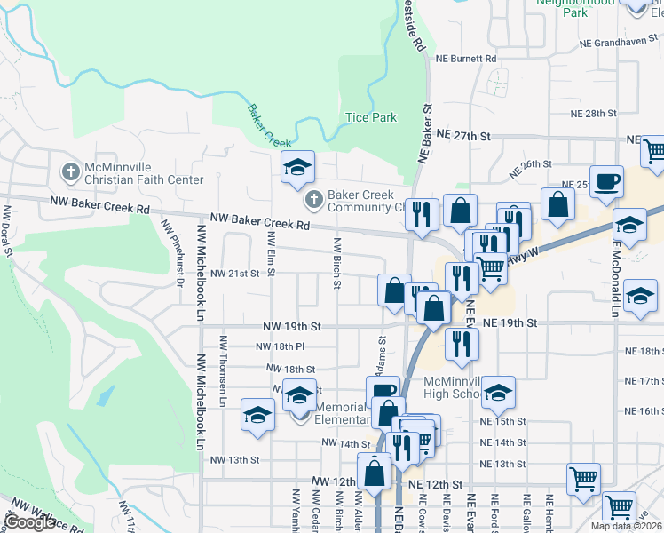map of restaurants, bars, coffee shops, grocery stores, and more near 2063 Northwest Birch Street in McMinnville