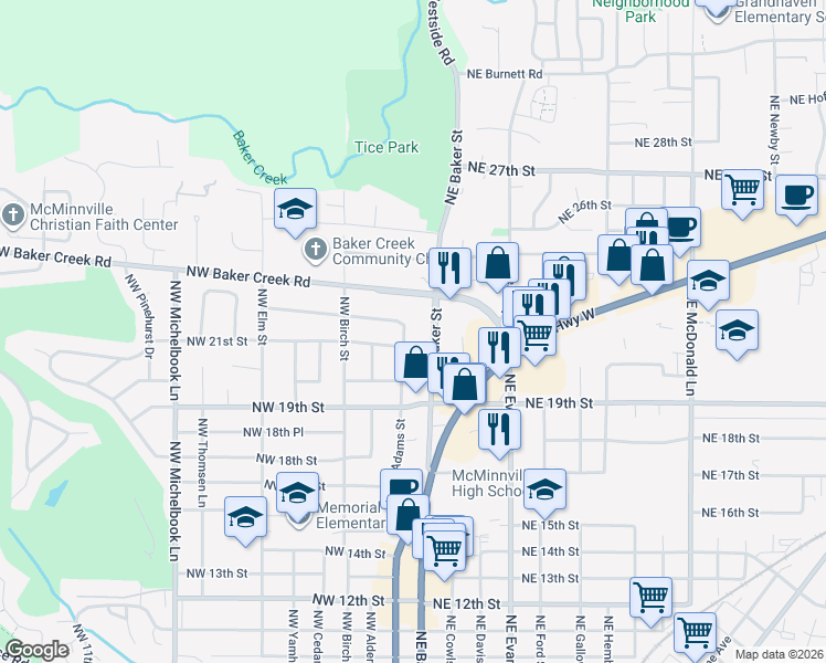 map of restaurants, bars, coffee shops, grocery stores, and more near 2105 Northeast Baker Street in McMinnville