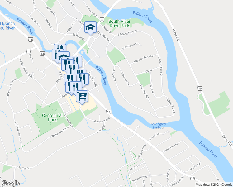 map of restaurants, bars, coffee shops, grocery stores, and more near 5588 South River Drive in Ottawa