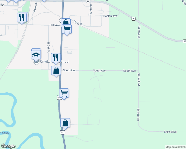 map of restaurants, bars, coffee shops, grocery stores, and more near 7896 South Street in Crivitz