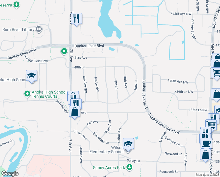 map of restaurants, bars, coffee shops, grocery stores, and more near 3908 9th Avenue in Anoka