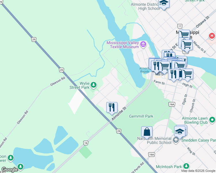 map of restaurants, bars, coffee shops, grocery stores, and more near 329 Wylie Street in Mississippi Mills