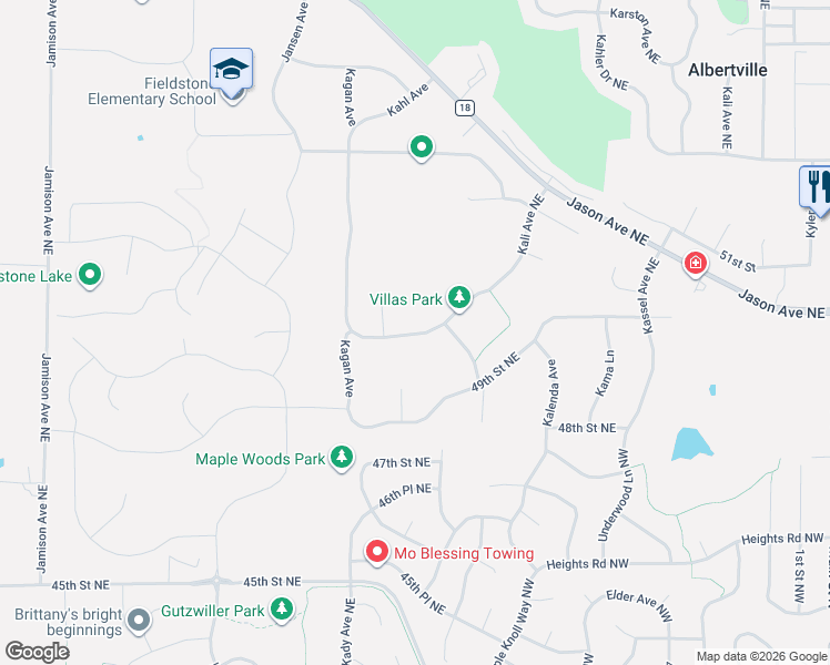 map of restaurants, bars, coffee shops, grocery stores, and more near 10275 Kali Avenue Northeast in Albertville