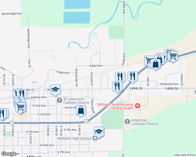 map of restaurants, bars, coffee shops, grocery stores, and more near 207 North Lloyd Street in Milbank