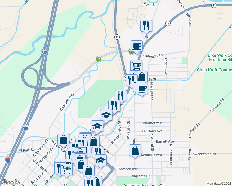 map of restaurants, bars, coffee shops, grocery stores, and more near W Kent St in Dillon