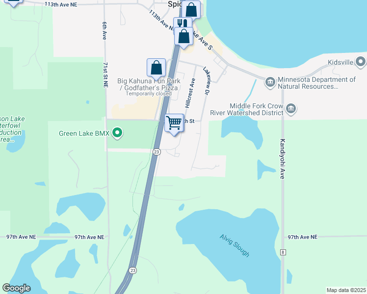 map of restaurants, bars, coffee shops, grocery stores, and more near 247 Hillcrest Avenue in Spicer