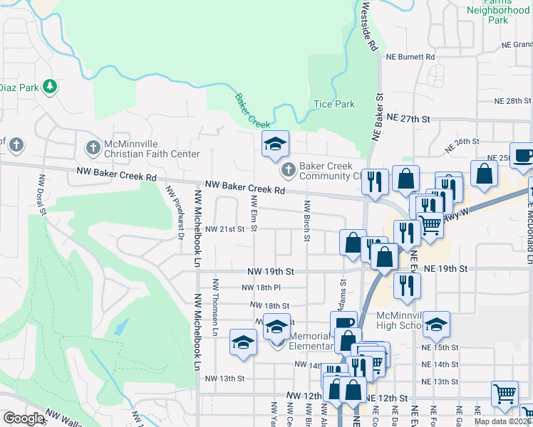 map of restaurants, bars, coffee shops, grocery stores, and more near 2238 Northwest Elm Street in McMinnville