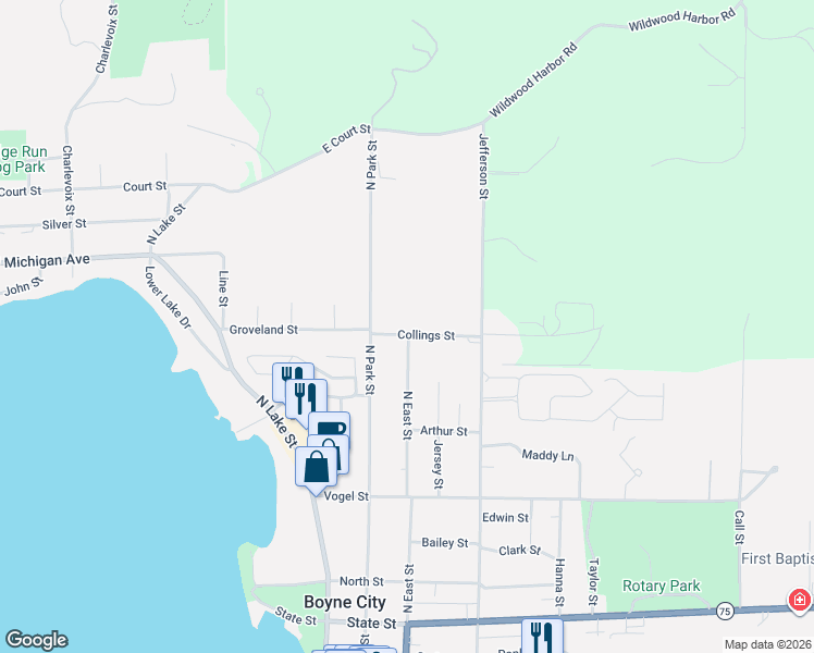 map of restaurants, bars, coffee shops, grocery stores, and more near 301 Collings Street in Boyne City