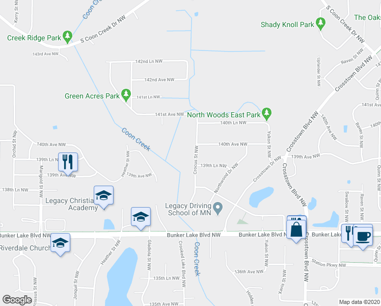 map of restaurants, bars, coffee shops, grocery stores, and more near 13946 Crocus Street Northwest in Andover