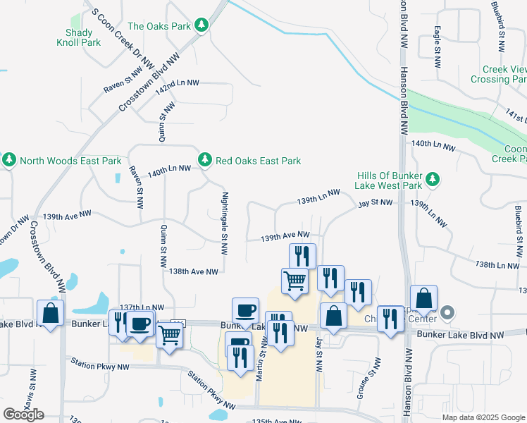 map of restaurants, bars, coffee shops, grocery stores, and more near 1928 140th Avenue Northwest in Andover