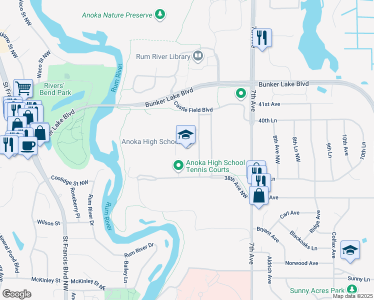map of restaurants, bars, coffee shops, grocery stores, and more near 3939 North 7th Avenue in Anoka