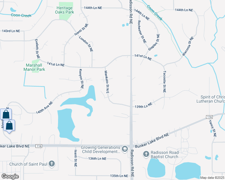 map of restaurants, bars, coffee shops, grocery stores, and more near 2056 141ST Avenue Northeast in Ham Lake