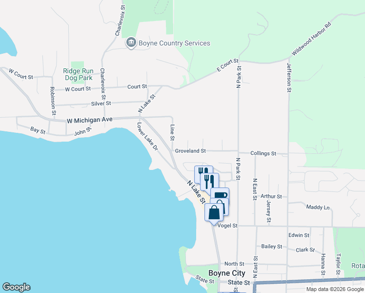 map of restaurants, bars, coffee shops, grocery stores, and more near 700-798 Line St in Boyne City