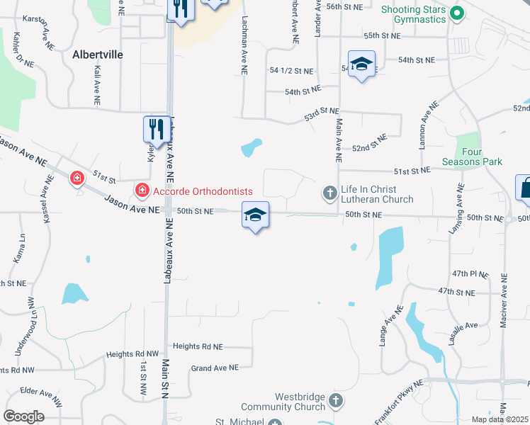 map of restaurants, bars, coffee shops, grocery stores, and more near 11280 50th Street Northeast in Albertville