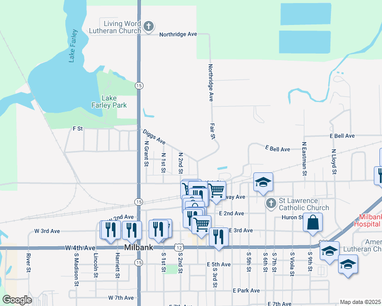 map of restaurants, bars, coffee shops, grocery stores, and more near 145 Diggs Avenue in Milbank
