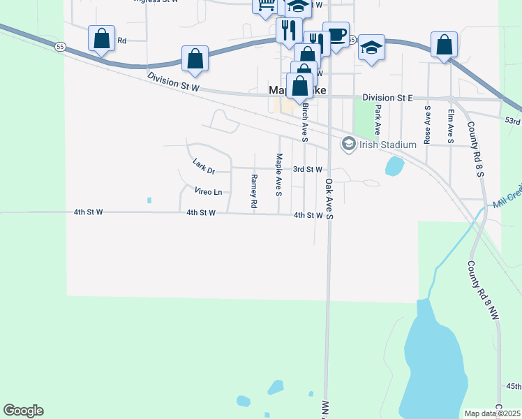 map of restaurants, bars, coffee shops, grocery stores, and more near 351 Ramey Road in Maple Lake