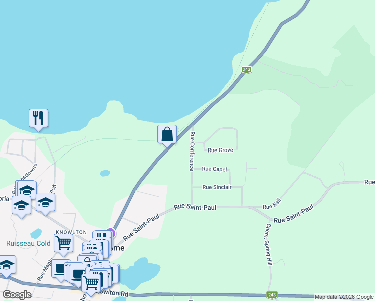 map of restaurants, bars, coffee shops, grocery stores, and more near 22 Rue Conference in Knowlton