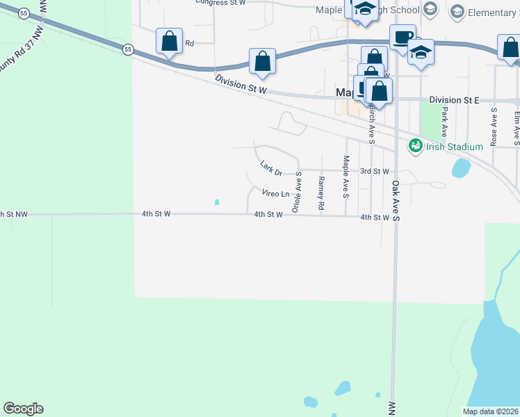 map of restaurants, bars, coffee shops, grocery stores, and more near 307 Robin Avenue South in Maple Lake