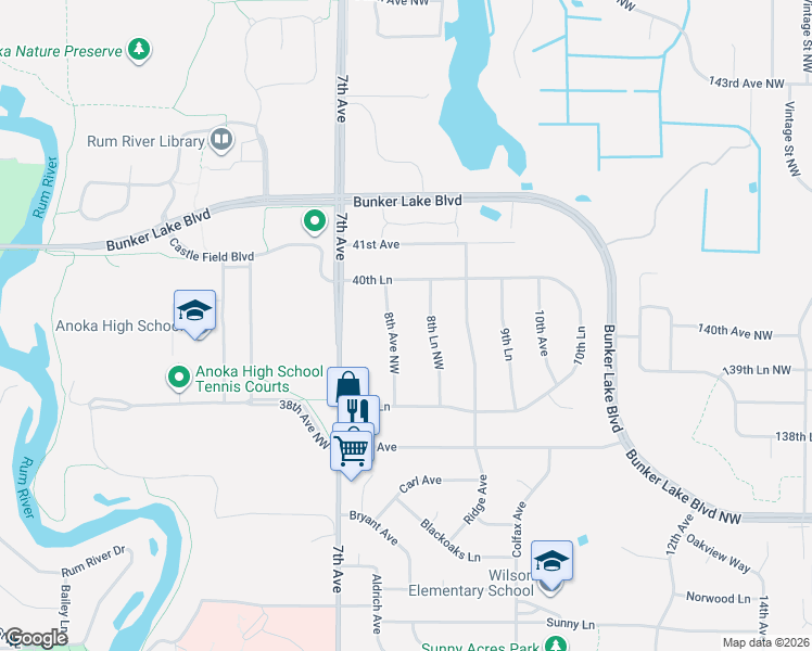 map of restaurants, bars, coffee shops, grocery stores, and more near 3956 8th Avenue Northwest in Anoka