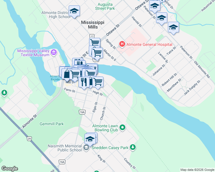 map of restaurants, bars, coffee shops, grocery stores, and more near 186 Water Street in Mississippi Mills