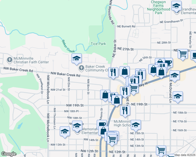 map of restaurants, bars, coffee shops, grocery stores, and more near 240 Northwest Baker Creek Road in McMinnville