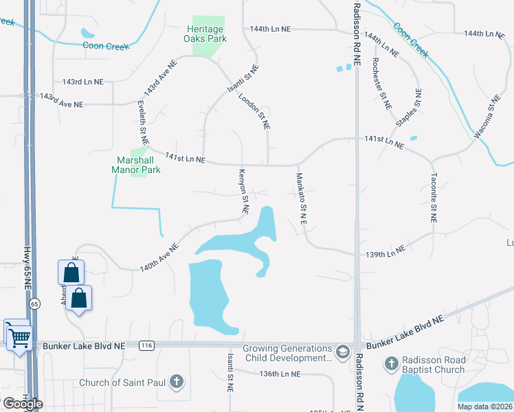 map of restaurants, bars, coffee shops, grocery stores, and more near 1928 140th Lane Northeast in Ham Lake