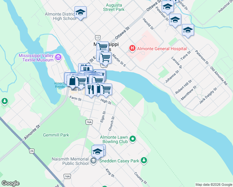 map of restaurants, bars, coffee shops, grocery stores, and more near 186 Water Street in Mississippi Mills