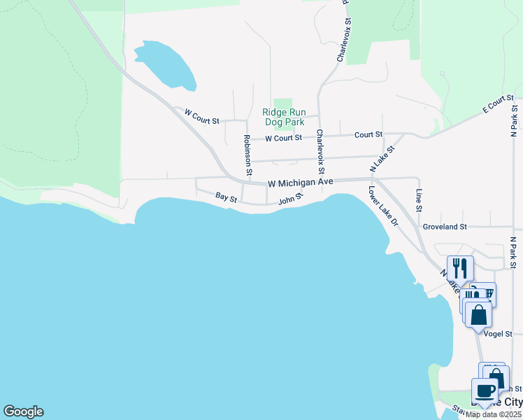 map of restaurants, bars, coffee shops, grocery stores, and more near 401-499 Bay Street in Boyne City