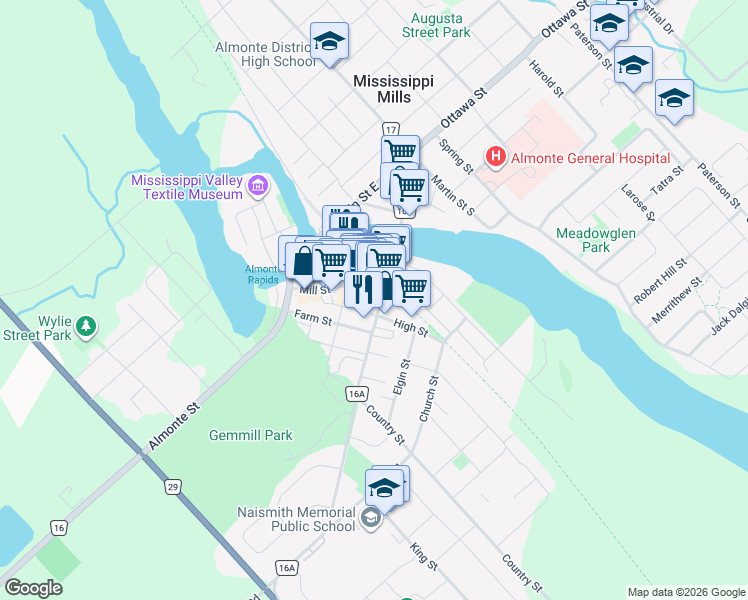 map of restaurants, bars, coffee shops, grocery stores, and more near in Mississippi Mills