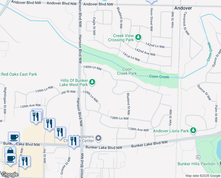map of restaurants, bars, coffee shops, grocery stores, and more near 14002 Crane Street Northwest in Andover
