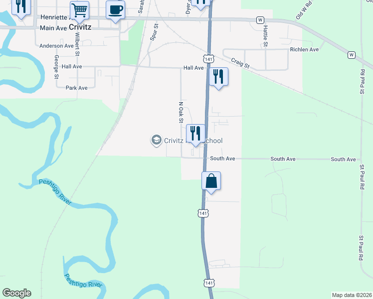 map of restaurants, bars, coffee shops, grocery stores, and more near 210 North Oak Street in Crivitz