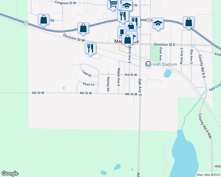 map of restaurants, bars, coffee shops, grocery stores, and more near 351 Ramey Road in Maple Lake