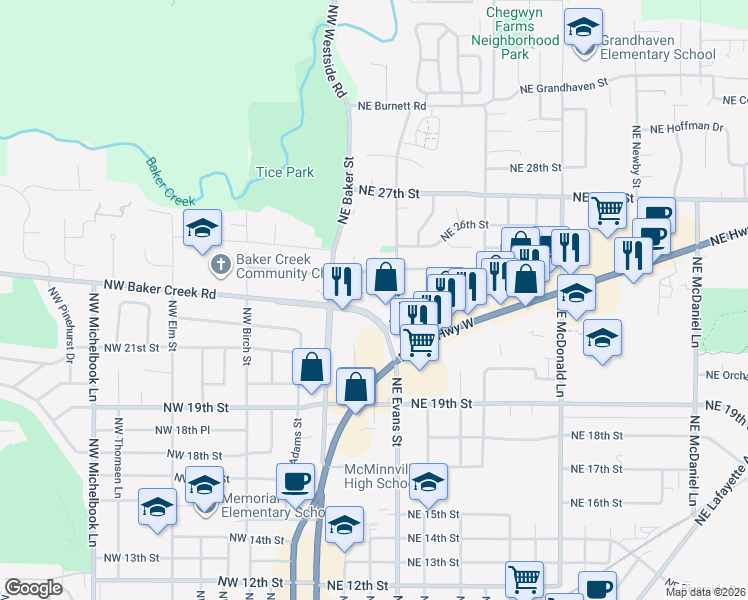 map of restaurants, bars, coffee shops, grocery stores, and more near 2301 Northeast Cowls Court in McMinnville