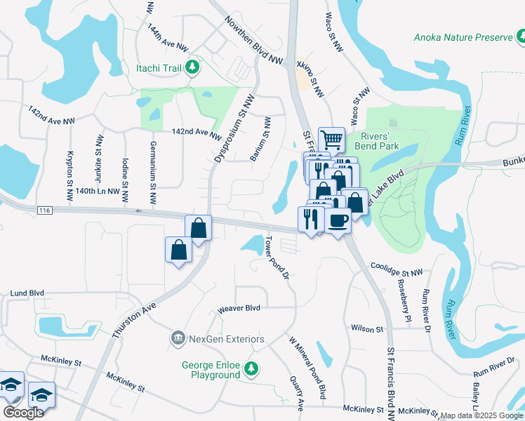 map of restaurants, bars, coffee shops, grocery stores, and more near 5325 140th Avenue Northwest in Ramsey